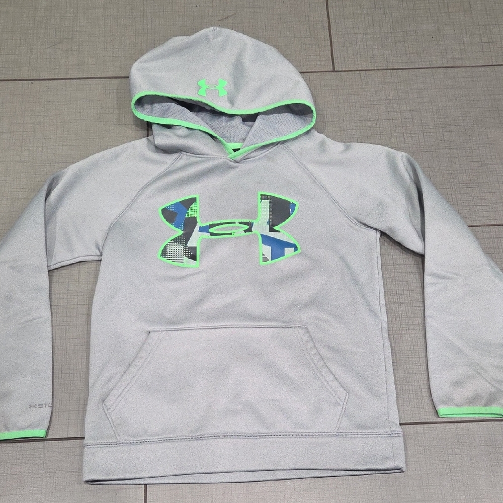 Under Armour Kids Light Gray Hoodie with Neon Green Accents Medium